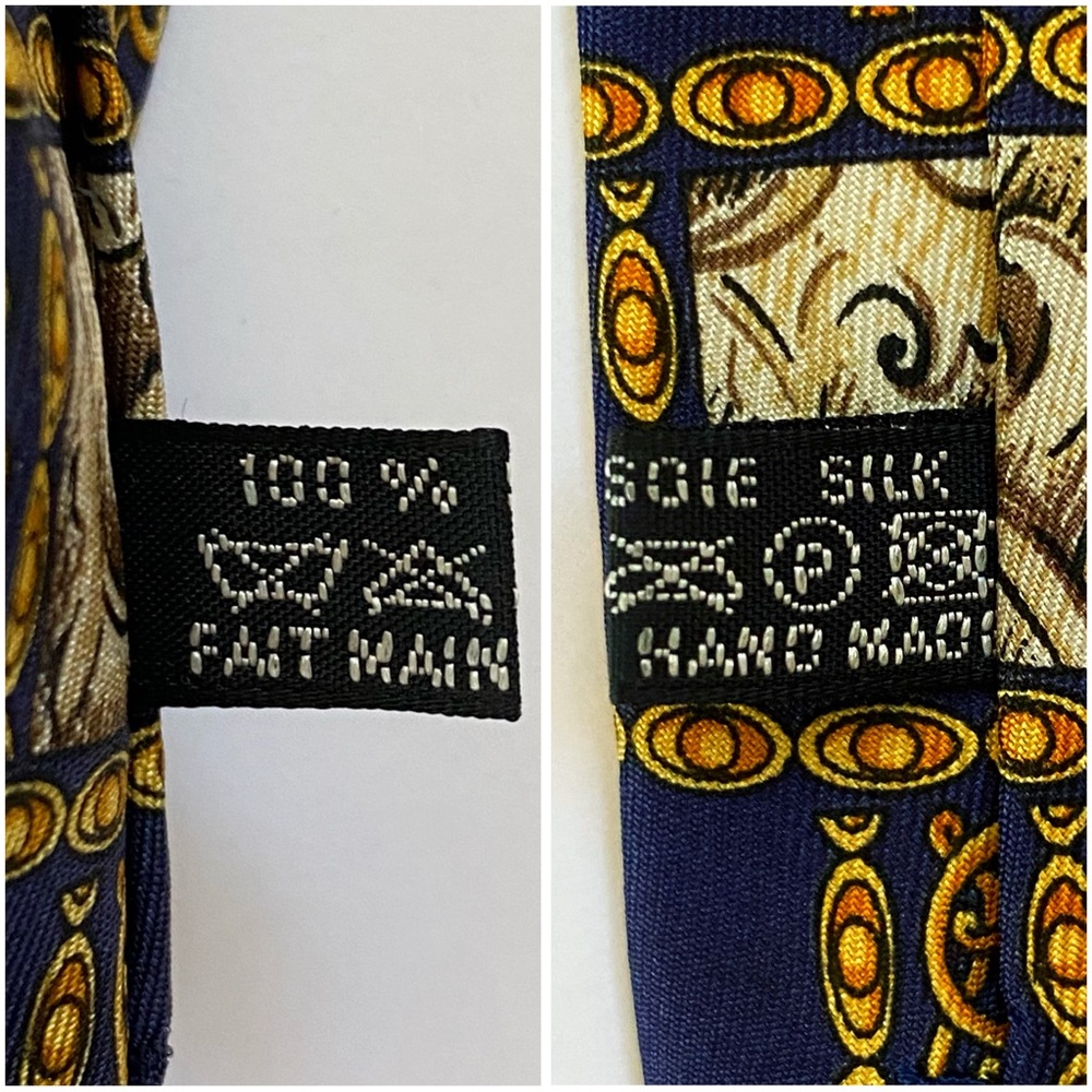 VINTAGE CHRISTIAN DIOR MONSIEUR NAVY BLUE GOLD CREAM SQUARE PRINT SILK NECK TIE - Picture 6 of 6